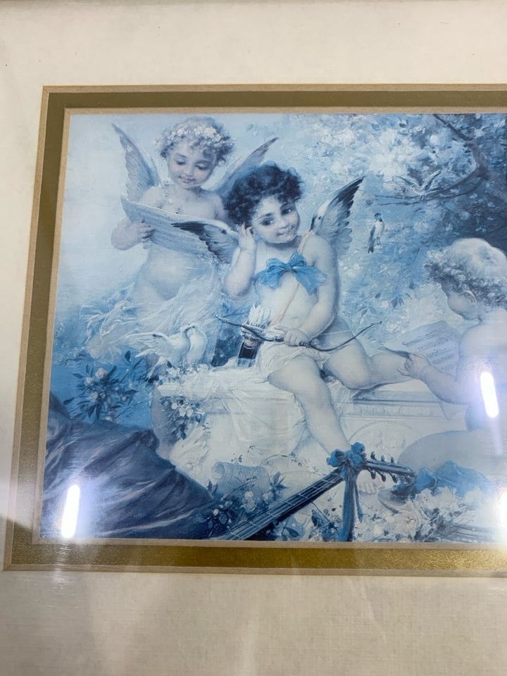3 ANGELS IN GARDEN IN GOLD FRAME WALL HANGING.