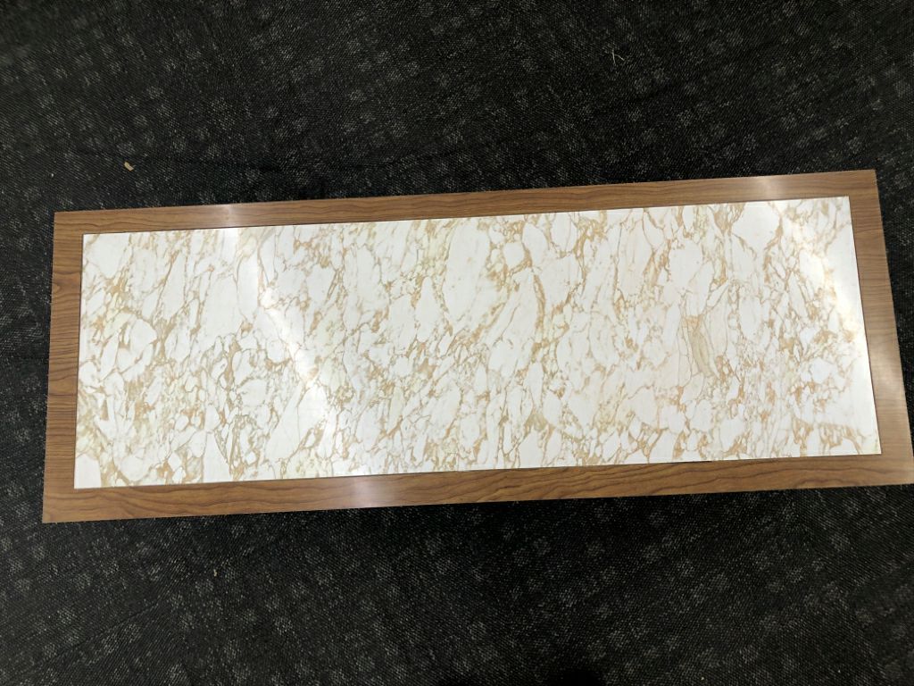 VTG LONG COFFEE TABLE W/ MARBLE ENAMEL TOP W/ DRAWER LANE FURNITURE.