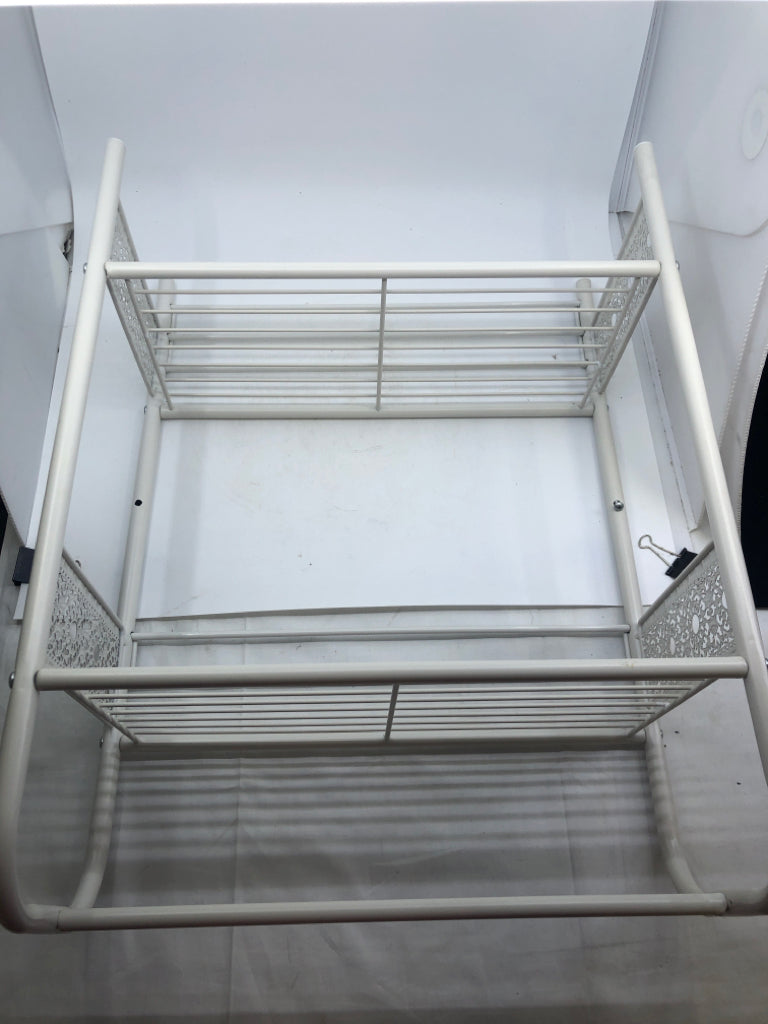 WHITE METAL 2 TIER SHELF W/ LACE DETAIL SIDES/ TOWEL RACK.