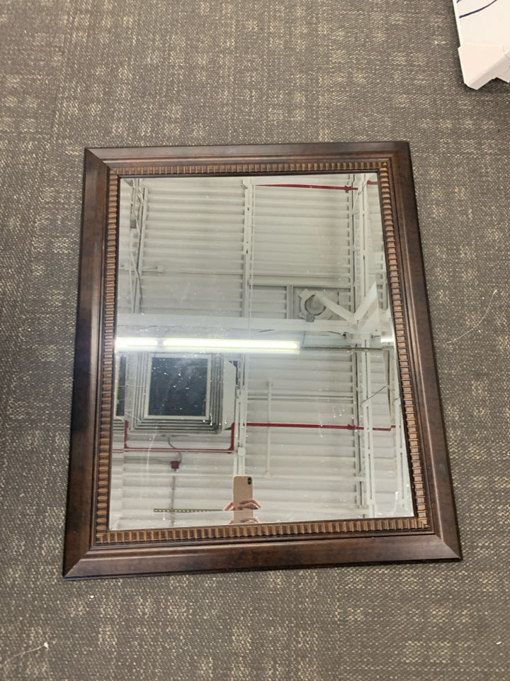 SQUARE DARK WOOD FRAMED MIRROR W RIBBED ACCENTS.