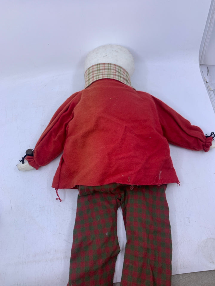 PRIMITIVE STYLE PLUSH SNOWMAN W/ RED SHIRT STAR BUTTONS.
