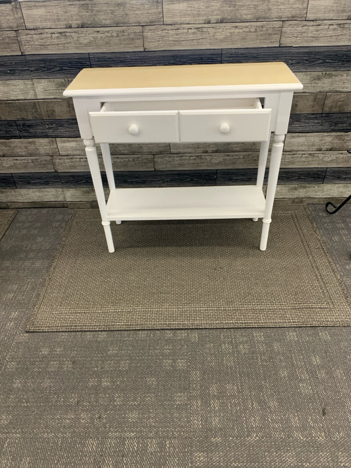 SMALL WHITE SOFA/ CONSOLE TABLE W 2 DRAWERS.