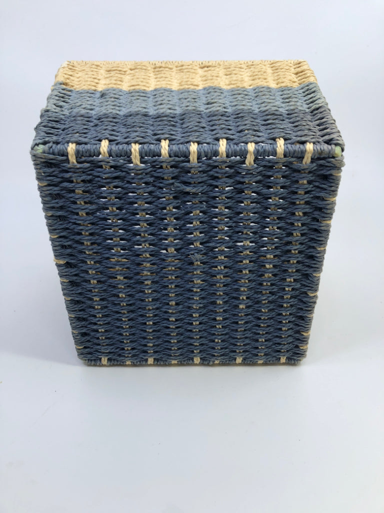 BLUE/CREAM STRIPE SQUARE STORAGE BASKET.