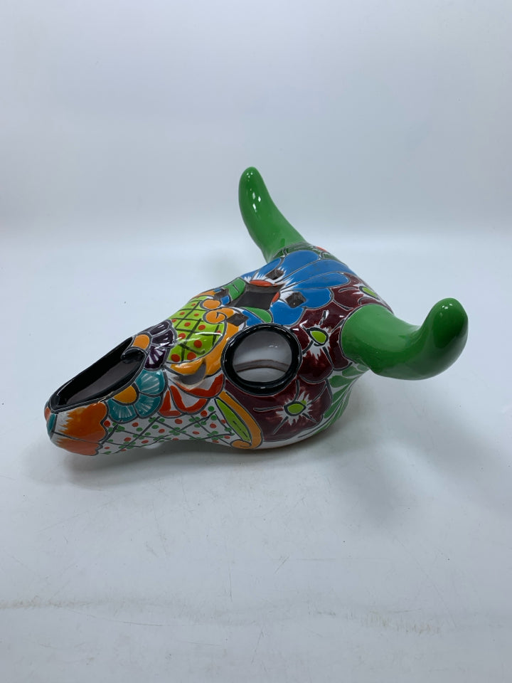 HEAVY COLORFUL TERRA COTTA COW SKULL MEXICAN FOLK ART.