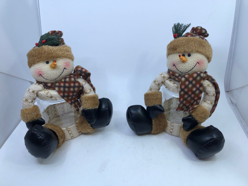 2 PC PLUSH SNOWMAN SITTING CANISTERS W/ PLAID SCARF+HAT.