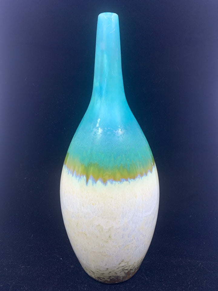 CREAM GOLD AND TEAL THIN TOP VASE.