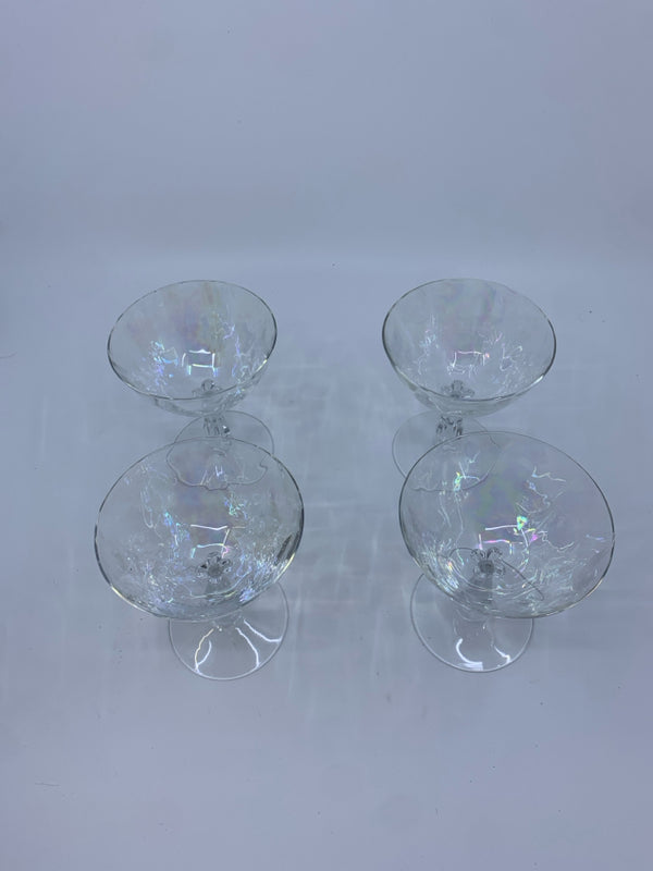 4 PEARL IRIDESCENT LOOP OPTIC CHAMPAGNE COUPE GLASSES.