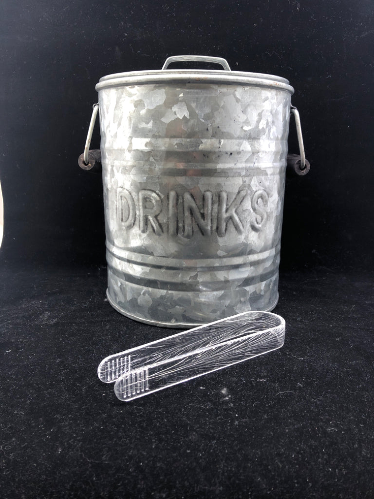 "DRINKS" METAL BUCKET W ICE TONGS.