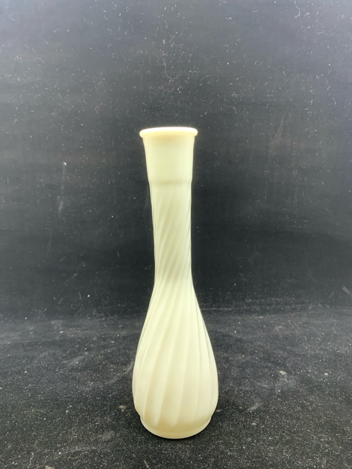 MILK GLASS VASE W/ SWIRL RIBBED / LONG NECK.