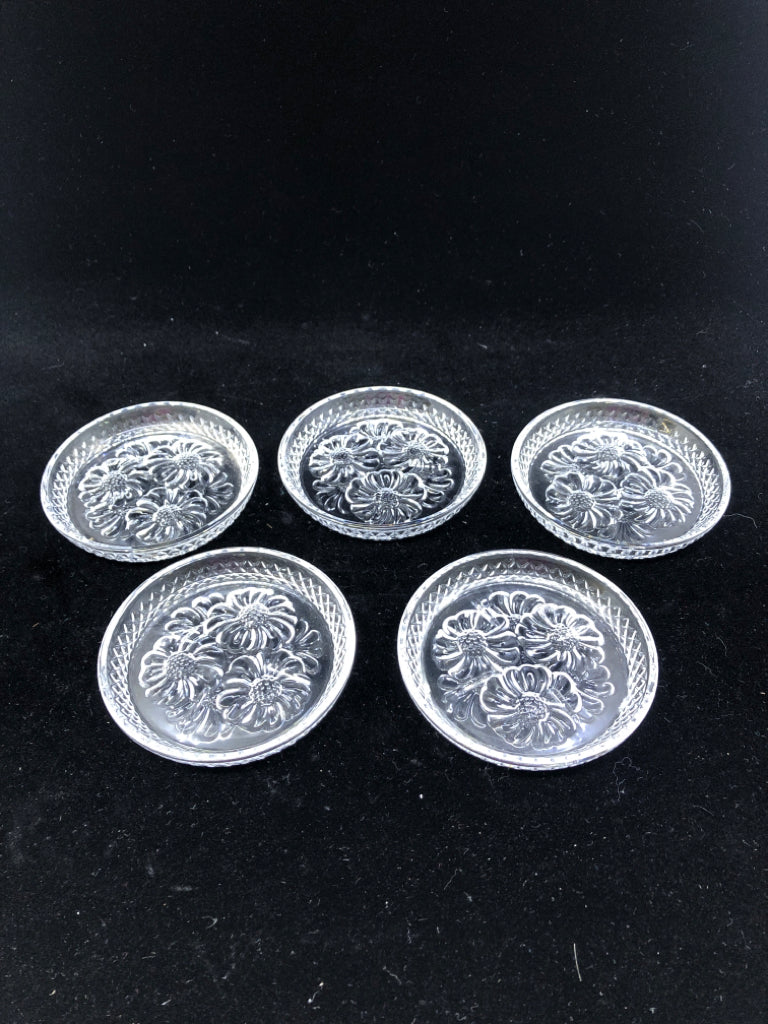 5 VTG CRYSTAL FLORAL PATTERN COASTERS.