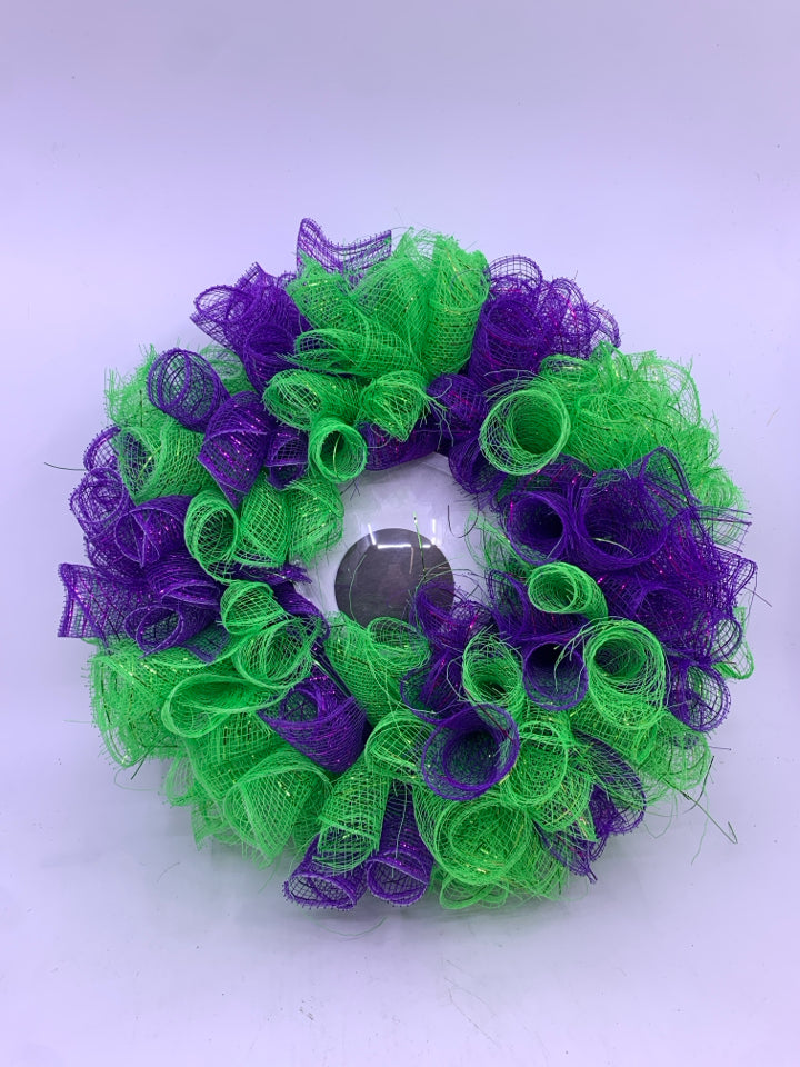 PURPLE AND GREEN TULLE EYEBALL WREATH.