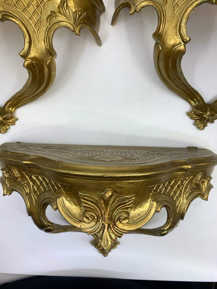 3 VTG GOLD PLASTIC WALL SHELVES MADE IN ITALY.