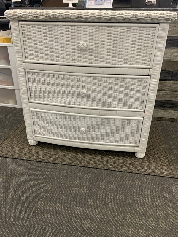 WHITE WICKER 3 DRAWER DRESSER.