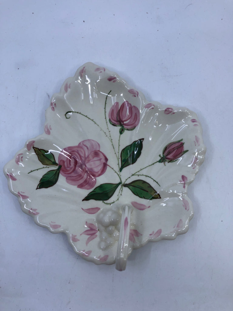 IVORY LEAF SHAPED BOWL W/ PINK ROSES+HANDLE.