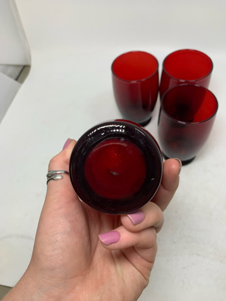 4 VTG RUBY RED JUICE TUMBLERS.