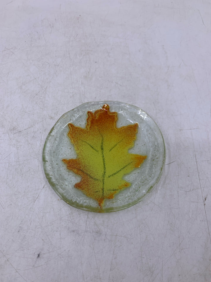FUSED GLASS ORANGE MAPLE LEAF TRINKET DISH.