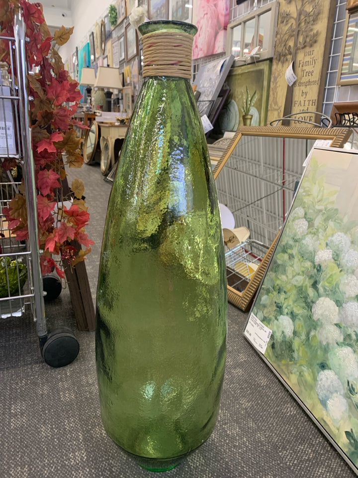 HEAVY GREEN FLOOR VASE W TWINE.