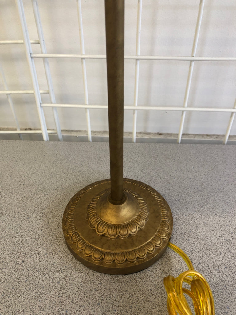 GOLD SKINNY BASE LAMP W MAROON AND GOLD ACCENTS SHADE.
