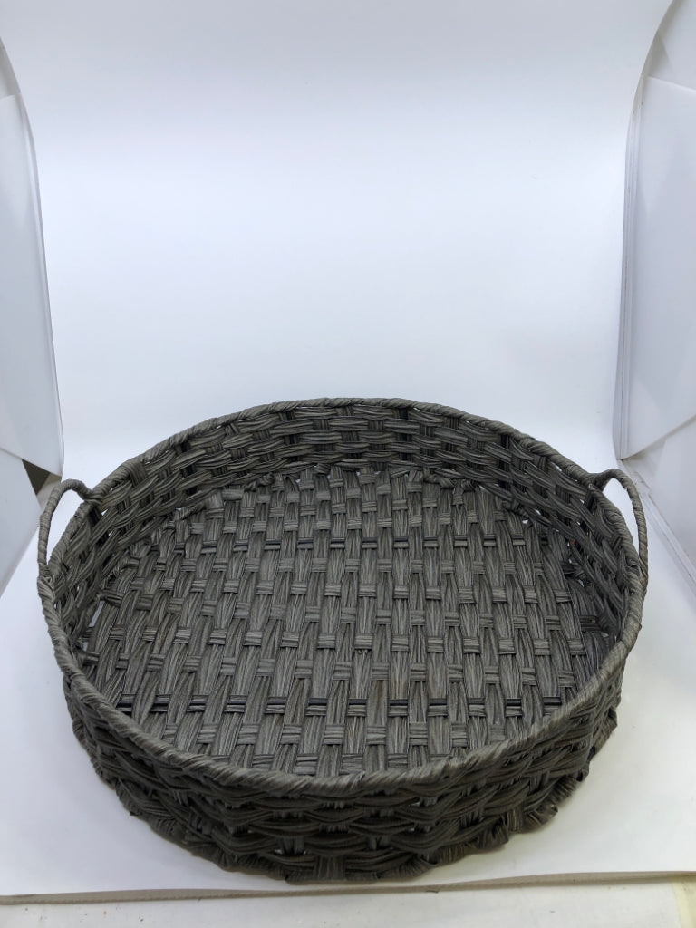 ROUND DARK GREY WICKER BASKET W/ 2 HANDLES.