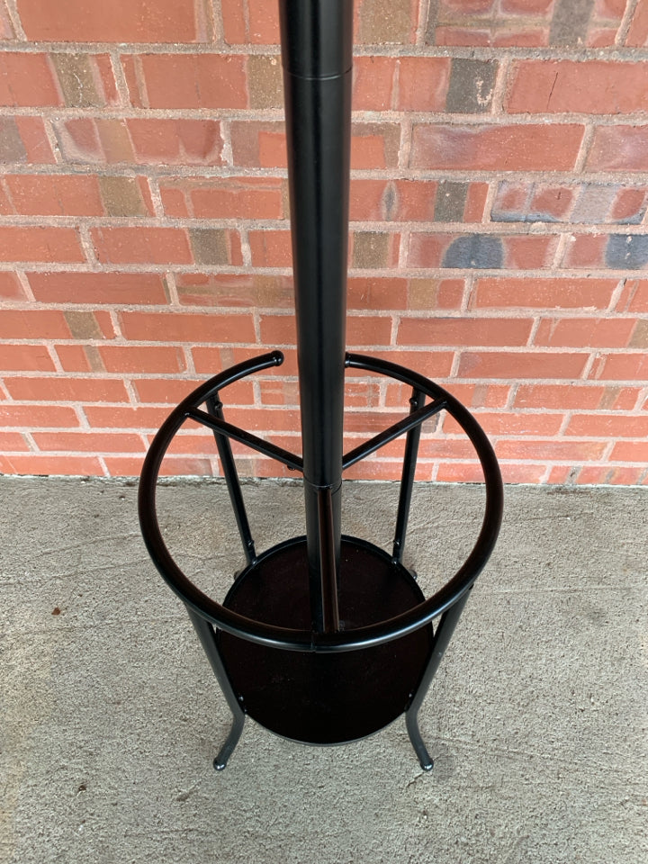 BLACK COAT RACK W/UMBRELLA STORAGE.