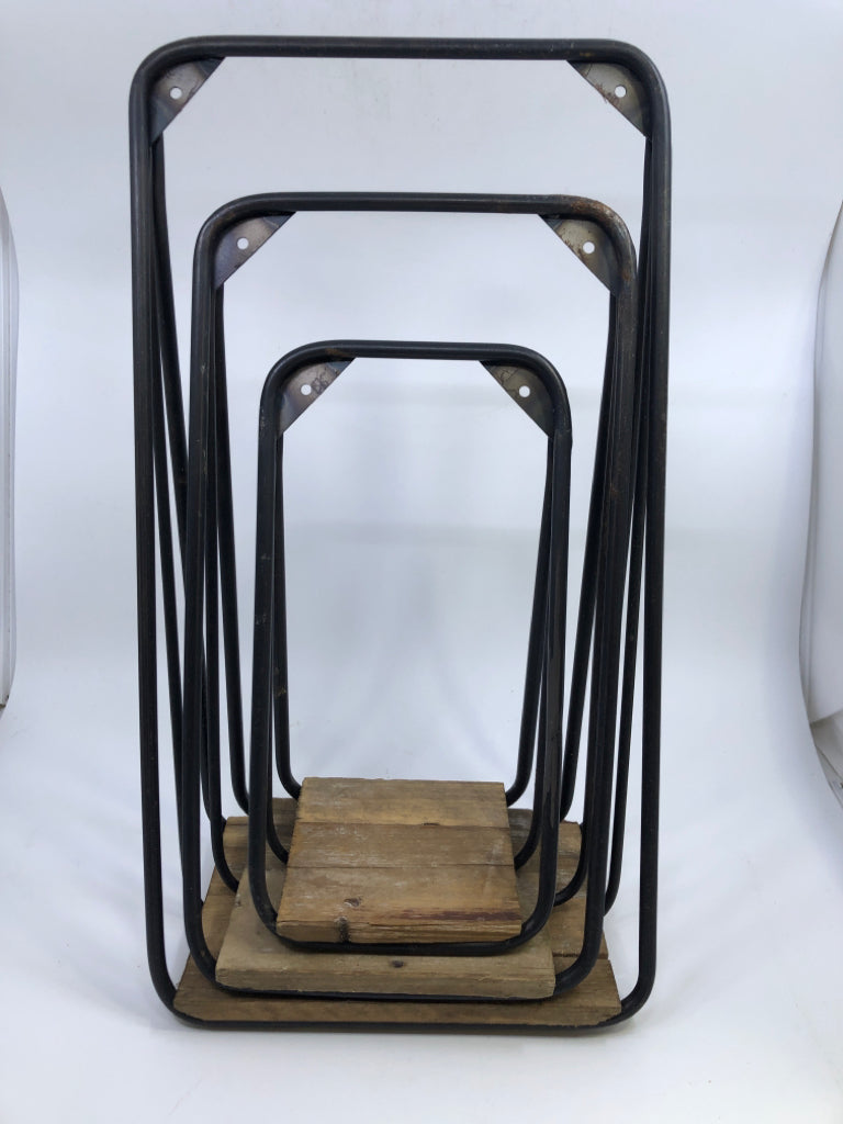 3 RUSTIC WOOD/METAL WALL SHELVES.