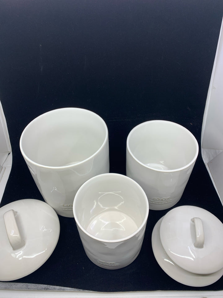 3 BICO WHITE CERAMIC CANISTERS EMBOSSED OZ.