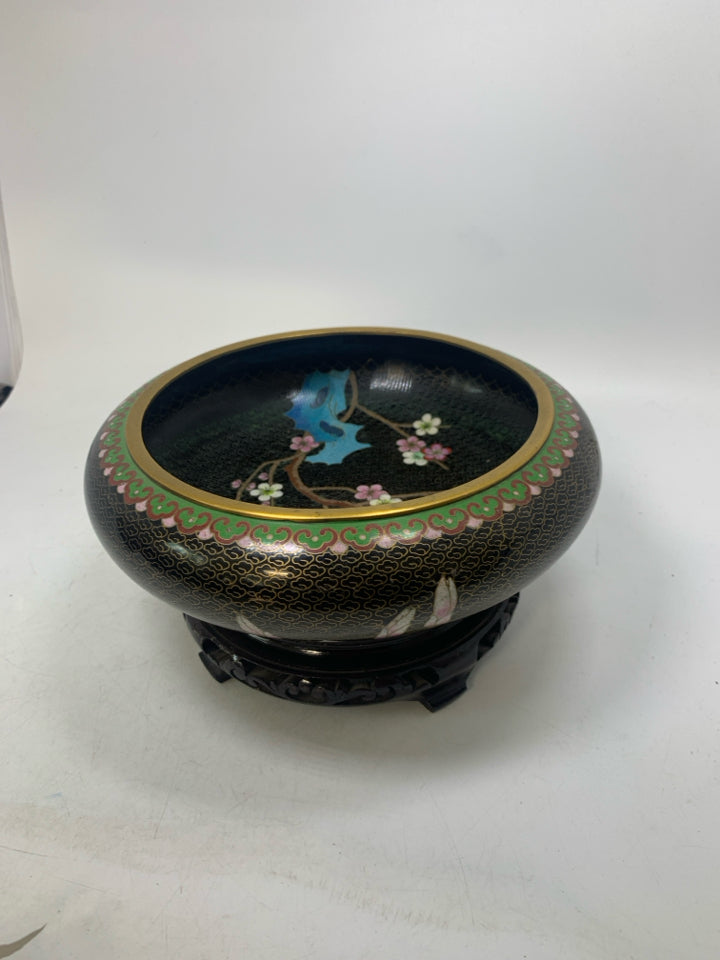 VTG ASIAN STYLE CLOISONNE HEAVY ENAMEL/METAL BOWL W/ STAND.