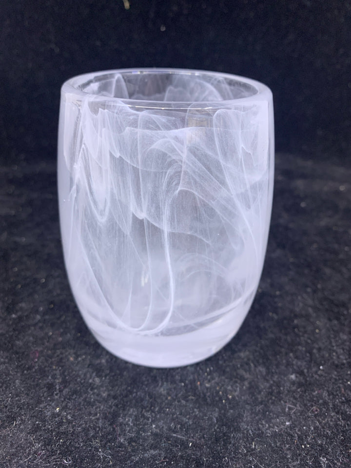 WHITE BLOWN GLASS VOTIVE HOLDER.