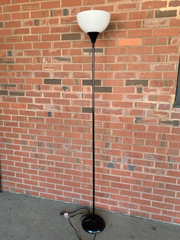 TALL BLACK LAMP W/FROSTED SHADE.