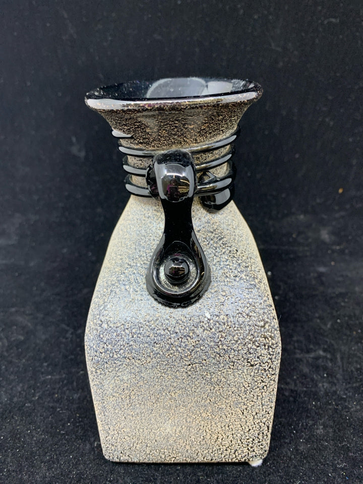 SQUARE BLACK GRAY GLASS VASE WITH HANDLE.