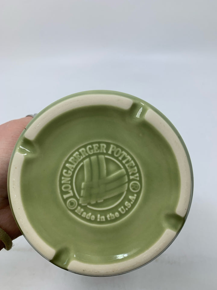 POTTERY BASKET WEAVE DETAIL JAR W/ LID.