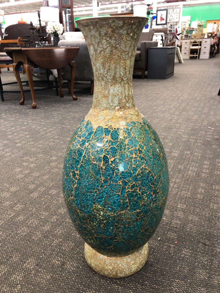 TEAL/GOLD MOSAIC TILE LARGE VASE.