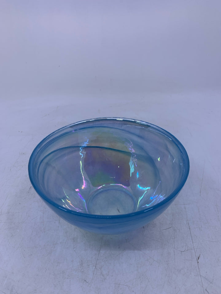 GLASS BOWL W/ LIGHT BLUE SWIRL.