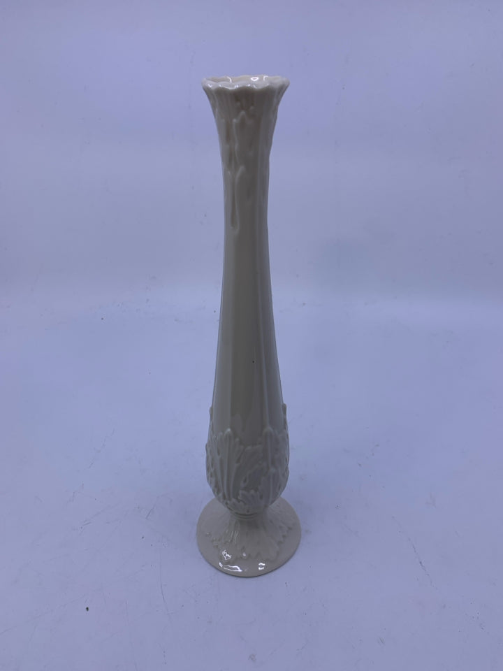 FOOTED TALL VASE W/ EMBOSSED LEAVE DESIGN.