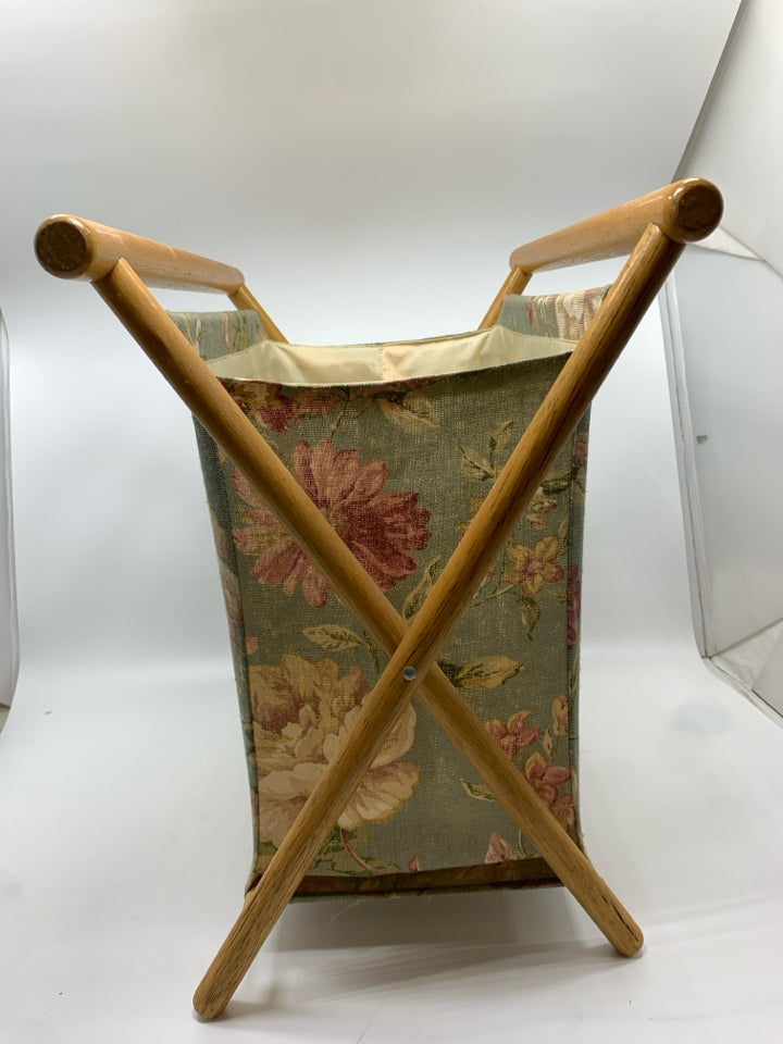 WOODEN/FABRIC STORAGE CADDY W/FLORAL DESIGN.