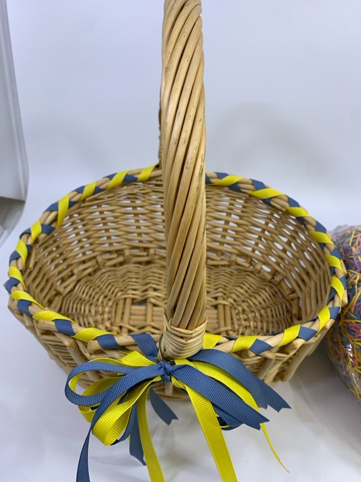 WOVEN EASTER BASKET W/BLUE AND YELLOW RIBBON FAUX GRASS.