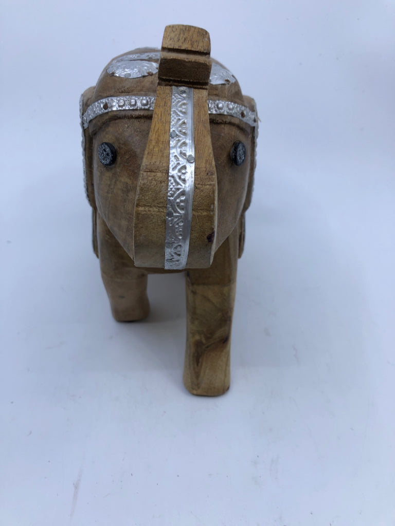 WOOD CARVED DECORATIVE ELEPHANT W METAL ACCENTS.