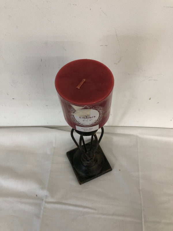 BLACK AND GOLD PILLAR CANDLE HOLDER W ROYAL RED SCENTED CANDLE.