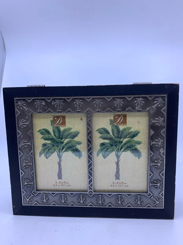 BLACK AND METAL PALM TREE STORAGE BOX WITH 3" X 5" PHOTOS.