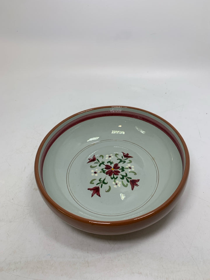 POTTERY BOWL W/ BURGUNDY FLOWERS/ RING.