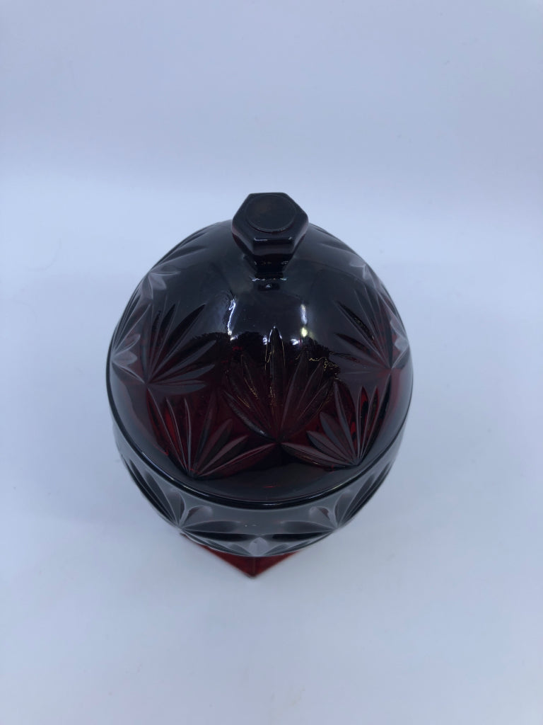 RED FOOTED EGG SHAPED CANISTER HARD CUT GLASS.