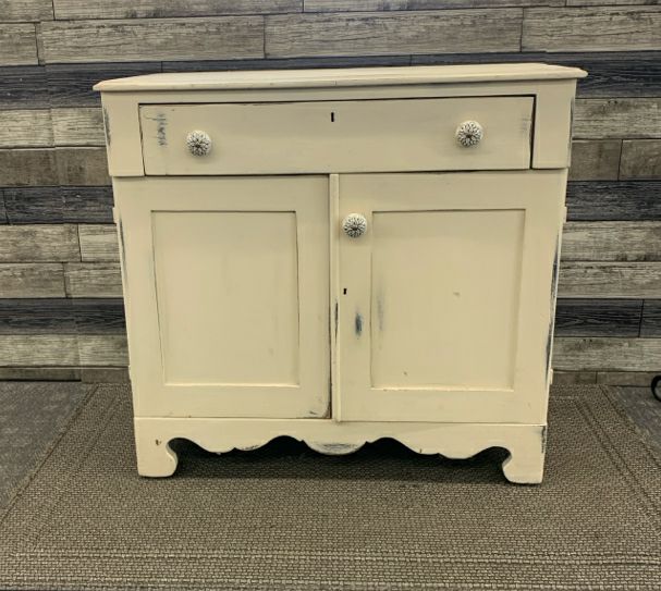 CREAM DISTRESSED SMALL CABINET W DRAWER.