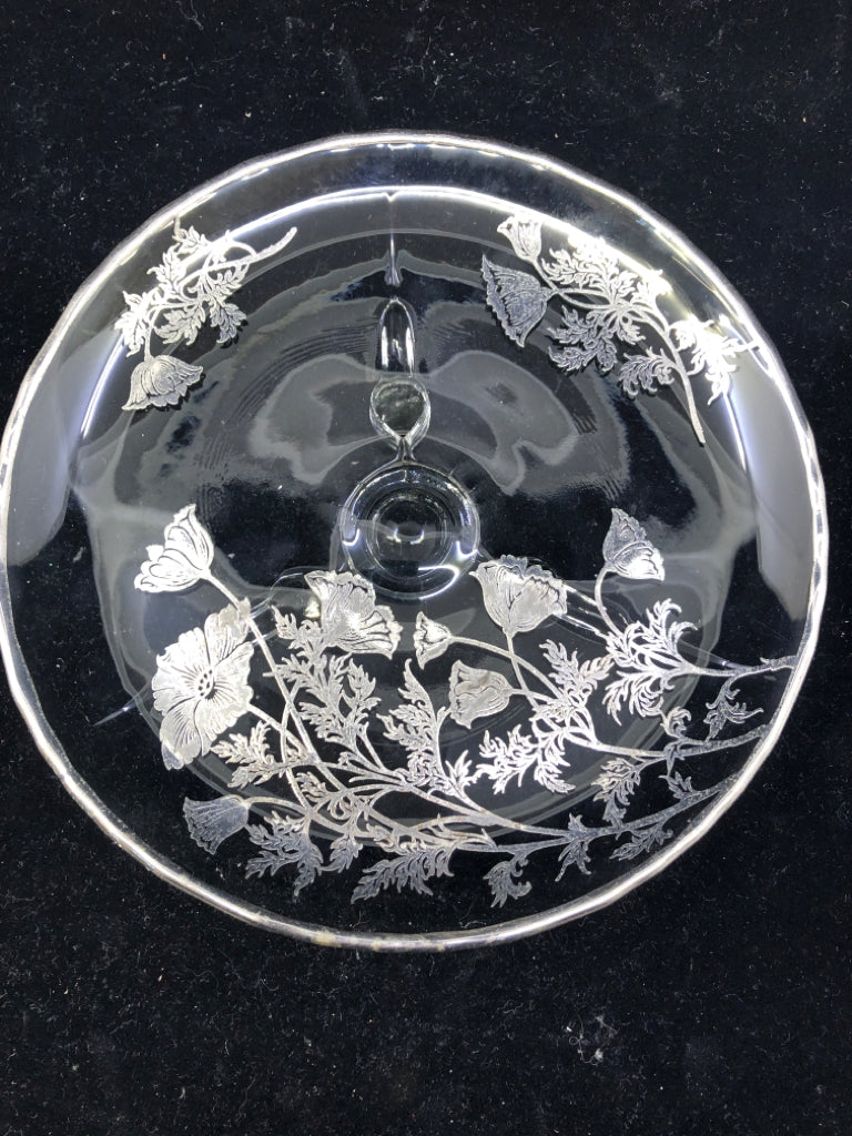 VTG FOOTED FLORAL SILVER ON GLASS SERVER.