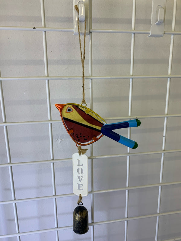 COLORED GLASS BIRD "LOVE" WITH BELL HANGING CHIME.