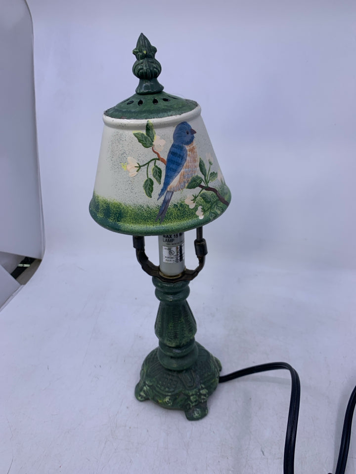 GREEN PAINTED METAL BASE LAMP W/ METAL SHADE PAINTED BLUE BIRD.