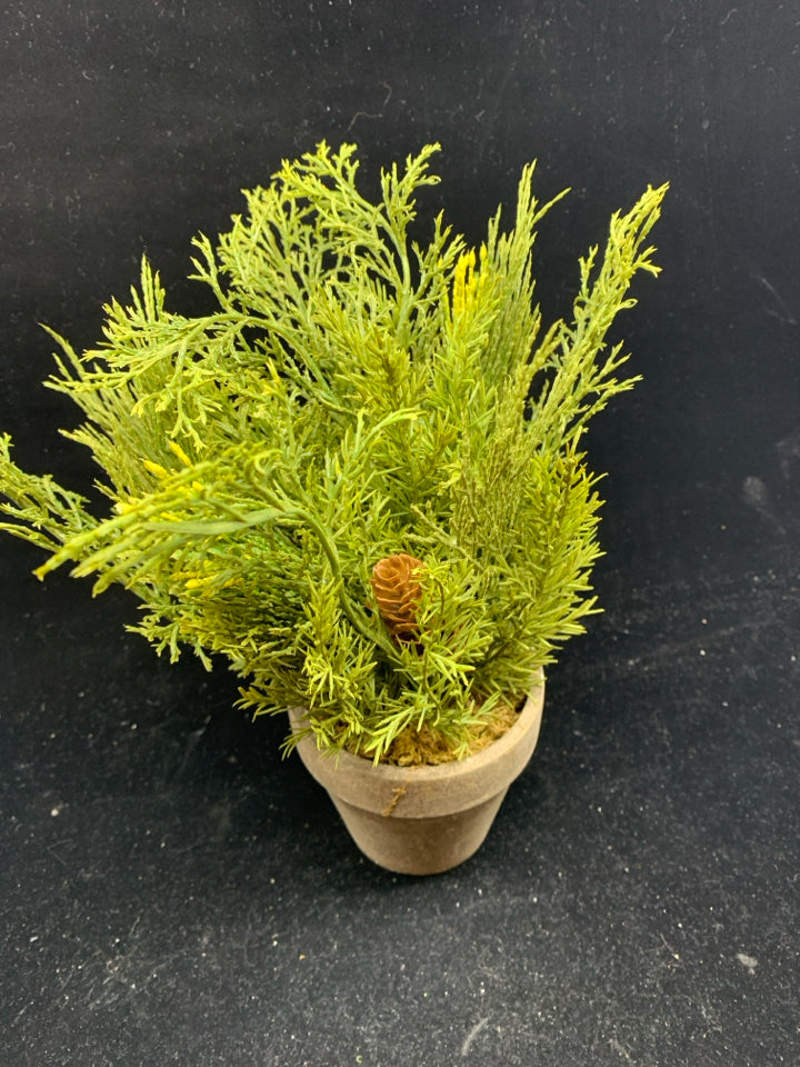 FAUX PINE W PINECONE IN BROWN PLANTER.