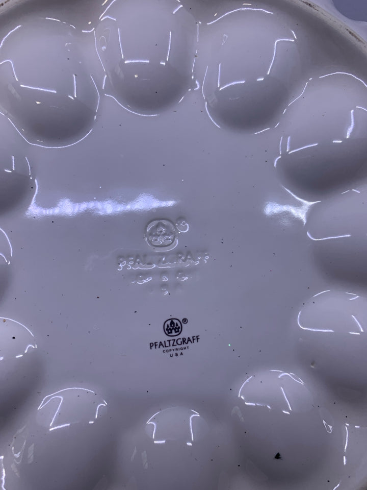 CERAMIC DEVILED EGG PLATE RUFFLED BLUE EDGE PRINTED VEGGIES.