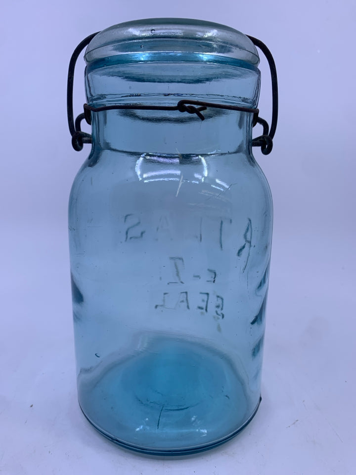 VTG LARGE BLUE ATLAS EMPTY JAR W WIRE BAIL.