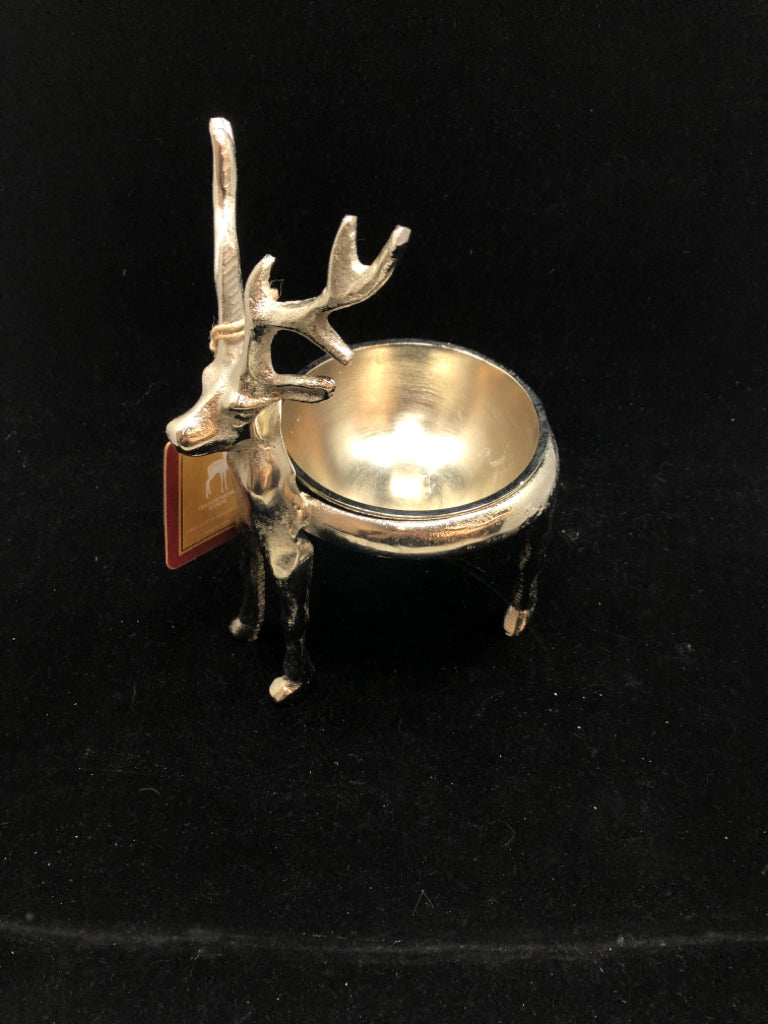 NWT 2 PC SILVER METAL REINDEER STAND W/ BOWL.