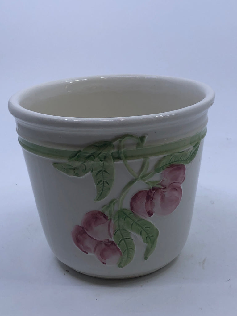 CHERRIES AND LEAVES PAINTED CERAMIC PLANTER.